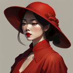 戴红色帽子的女人，帽檐很低，只能看见红色唇，