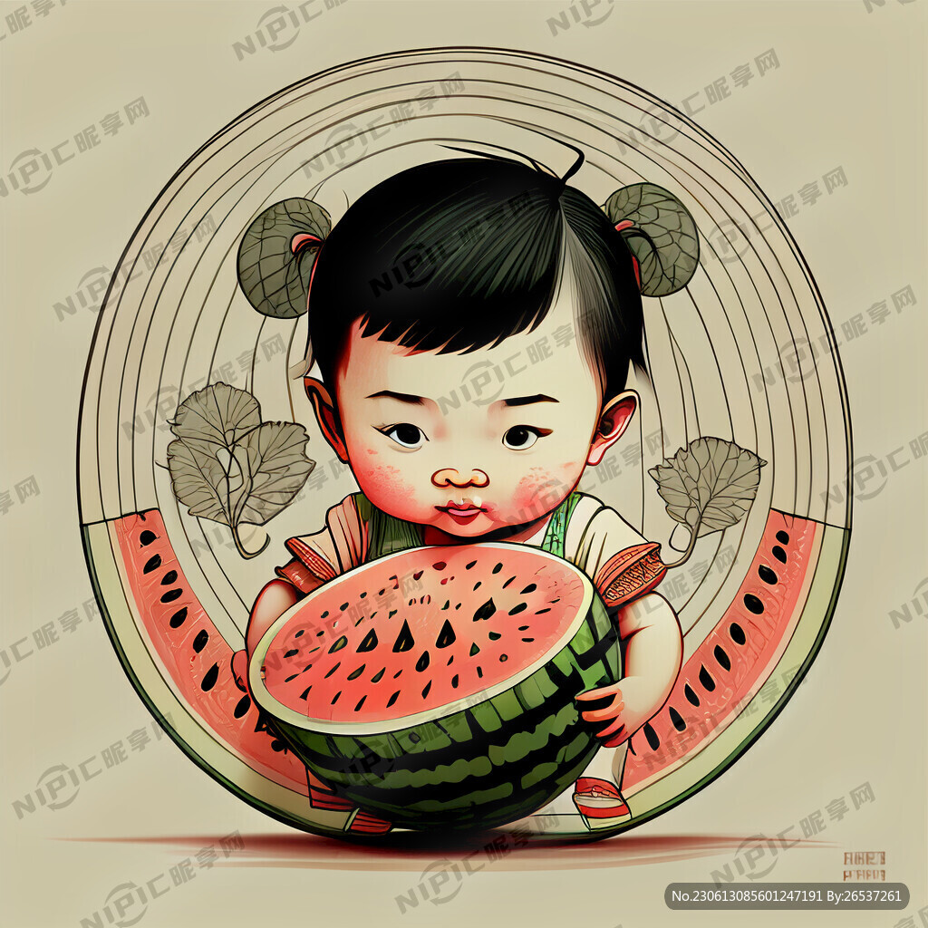 西瓜孩子线稿