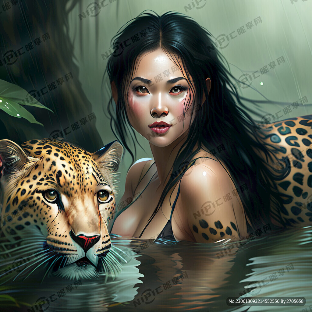 森林美女游泳豹子暴雨