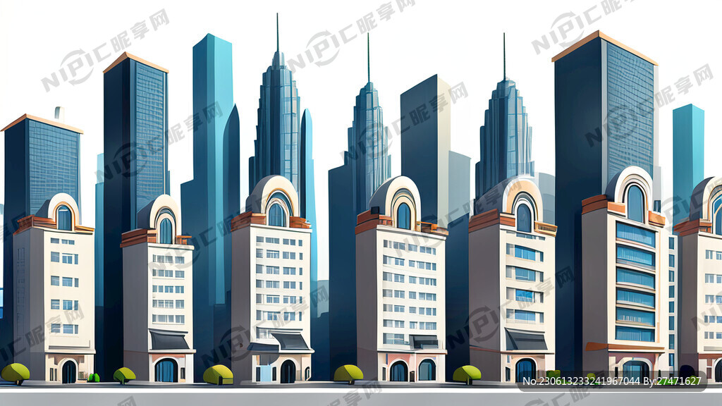 白色背景一排建筑卡通城市插画二