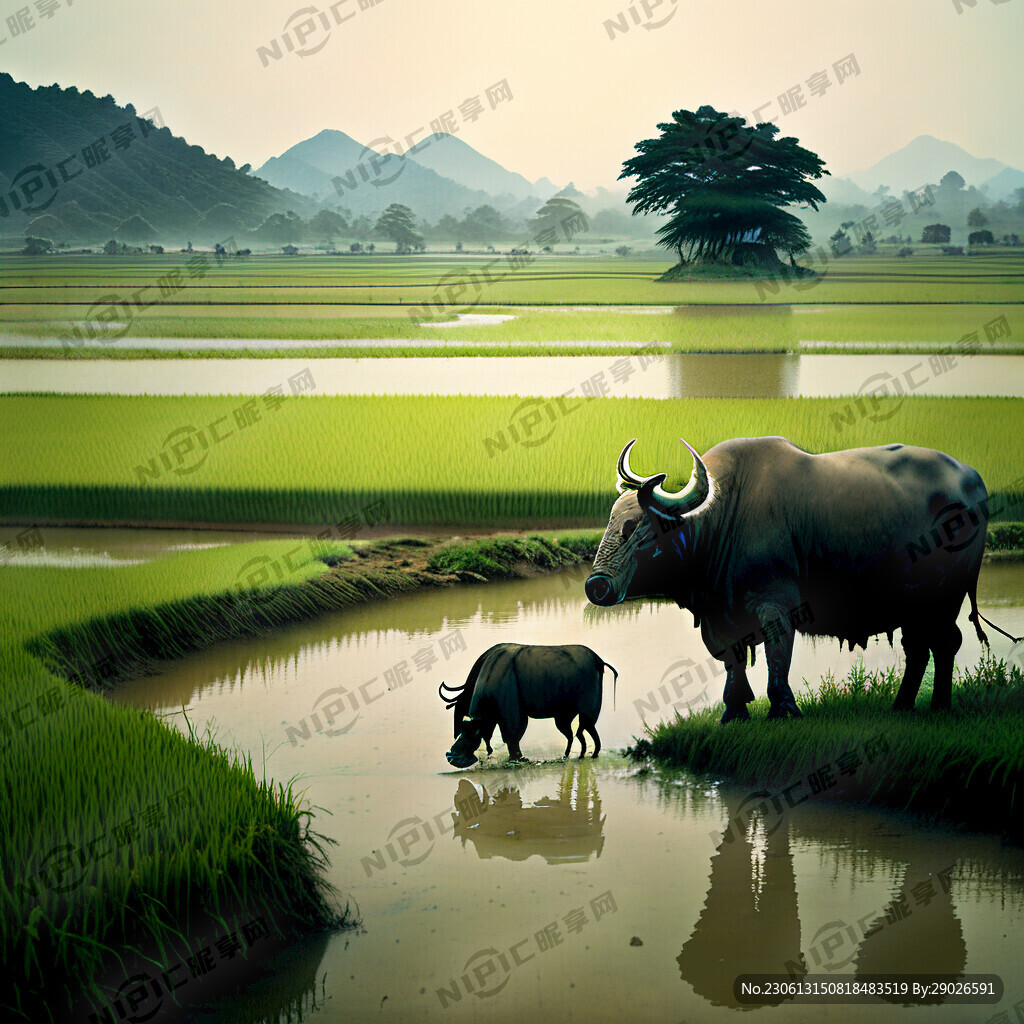 两边稻田 中间一条小溪