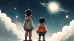 一个小朋友站在一个星球上周围是云面向漫天繁星