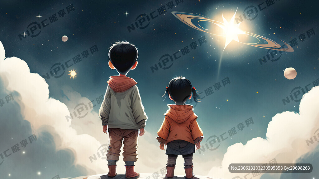 一个小朋友站在一个星球上周围是
