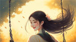 中国风，女生人物，回眸一笑，头发飘扬，荡秋千，唯美插画，阳光治愈。
