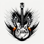 吉他插画风格扁平风格线稿风格吉他带翅膀黑白风格白色吉他中间带火焰