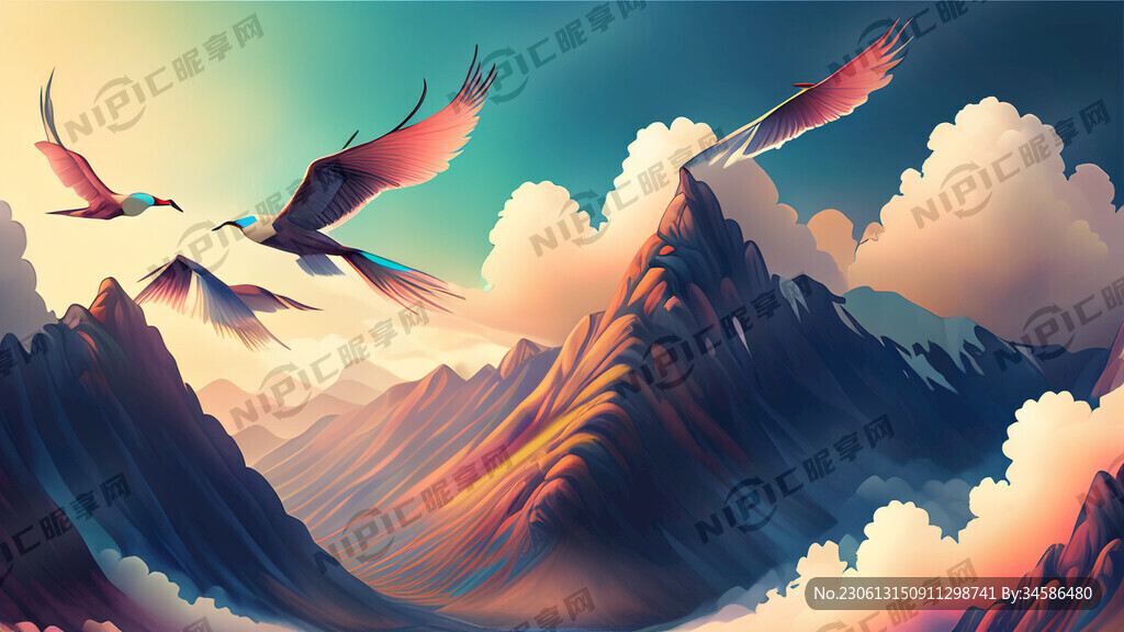 AI创作图动态唯美山水 飞鸟 云彩nipic.com-昵图网