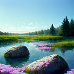 蓝天，水潭里的大石头，石头上有青苔，边上长满紫色小花