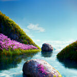 蓝天，水潭里的大石头，特写石头上有青苔，边上长满紫色小花