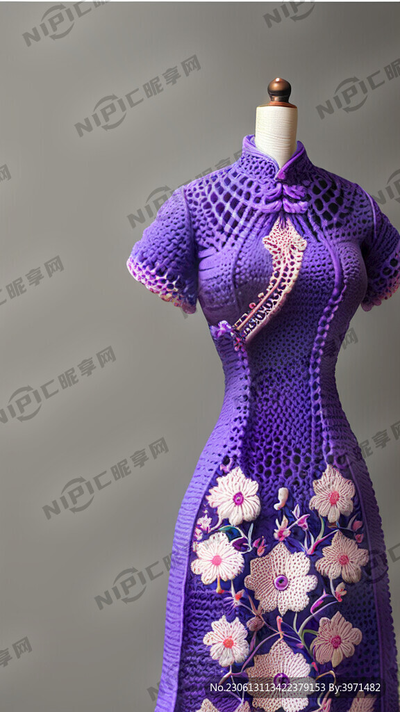 服装设计钩针旗袍紫色好看可爱