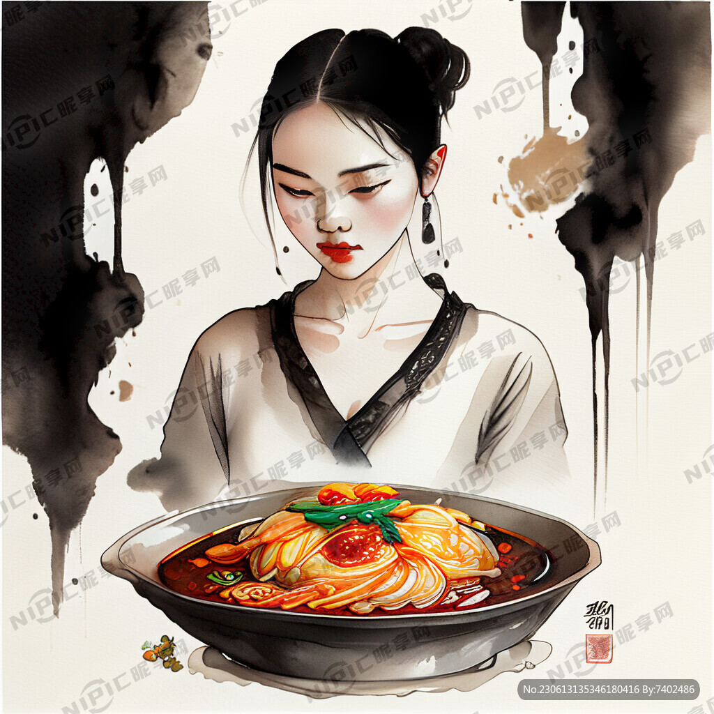 中国美少女端着美食