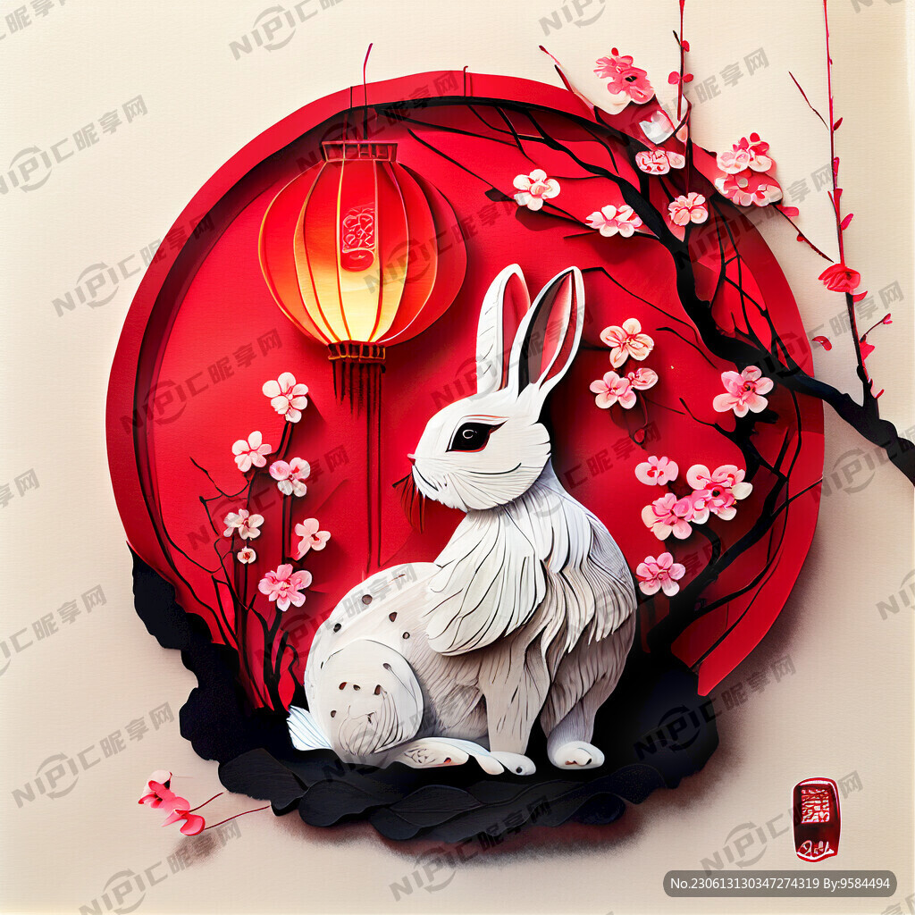 衍纸艺术 春节 可爱兔子 红梅