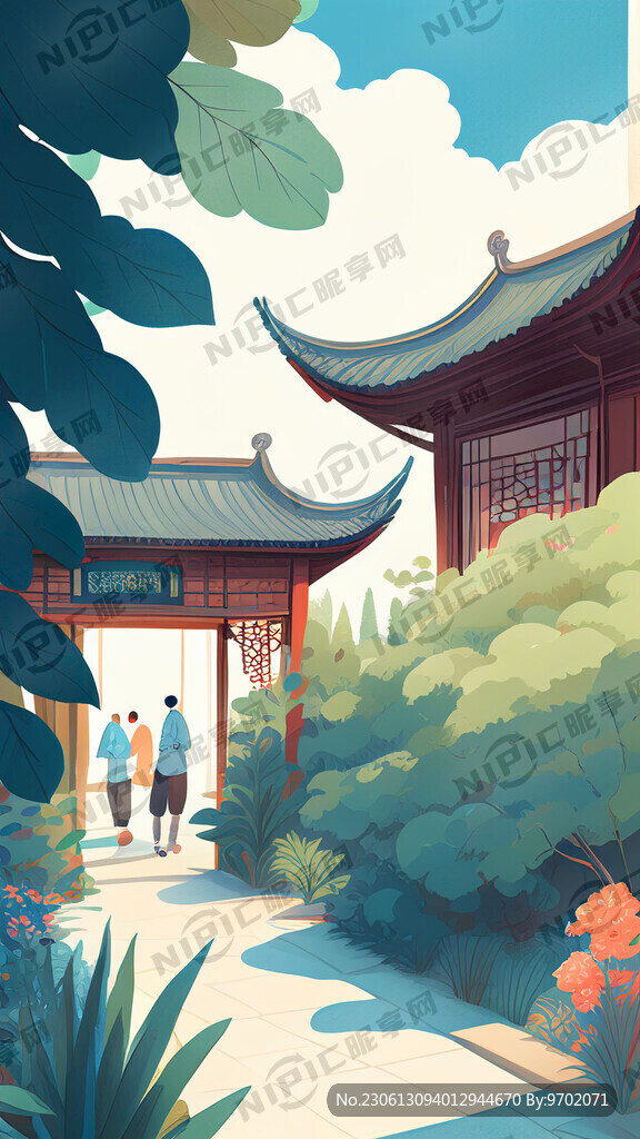 乘凉 插画 庭院 人物 植物