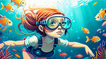 海底，3D卡通女孩，潜水镜，彩色鱼群，欢乐，玩耍，冲出画面的感觉，细节刻画，明亮清晰，构图层次丰富，超高清，浅蓝色