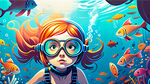海底，3D卡通女孩，潜水镜，彩色鱼群，欢乐，玩耍，冲出画面的感觉，细节刻画，明亮清晰，构图层次丰富，超高清，浅蓝色