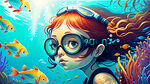 海底，3D卡通女孩，潜水镜，彩色鱼群，欢乐，玩耍，冲出画面的感觉，细节刻画，明亮清晰，构图层次丰富，超高清，浅蓝色，冲击感
