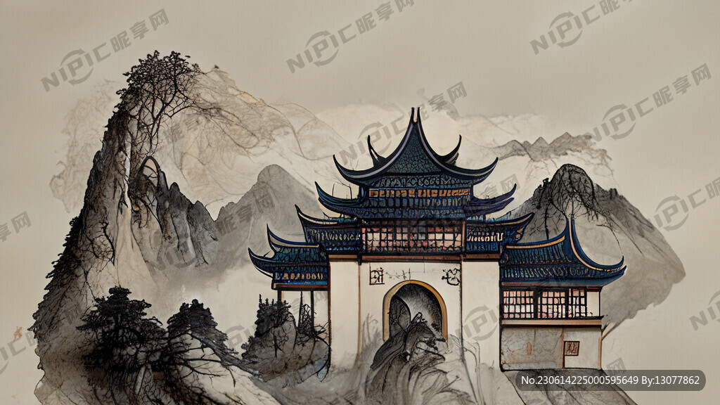 徽派山水 徽派建筑线稿画