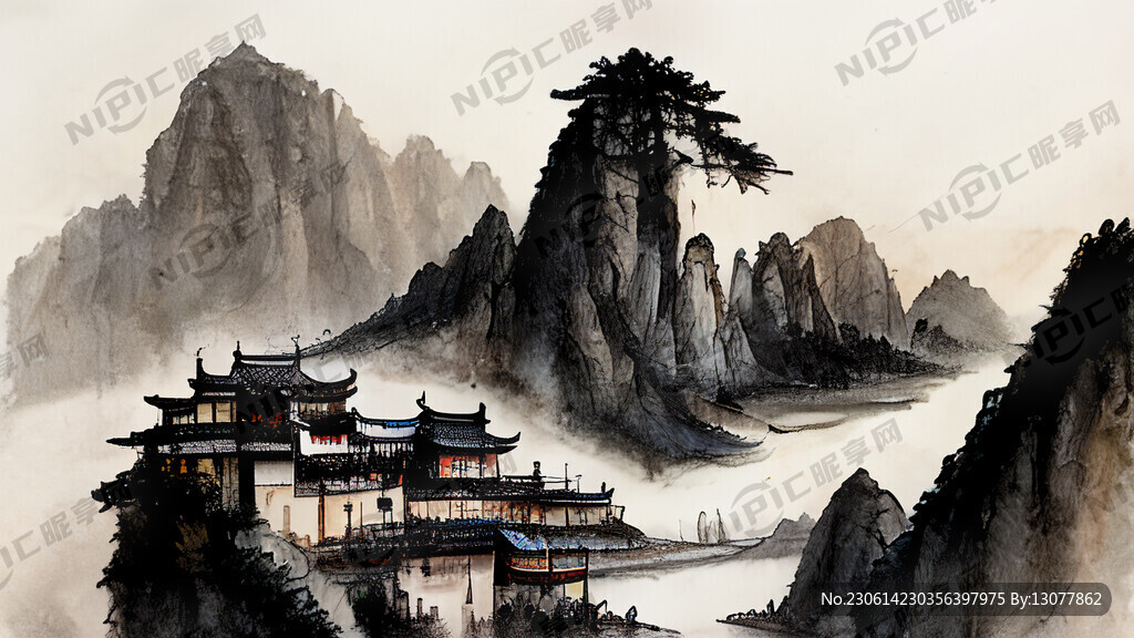 写意钢笔画 黄山 迎客松 河流