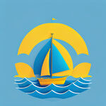 黄色的灯塔蓝色的帆船和蓝色的海浪简约标志