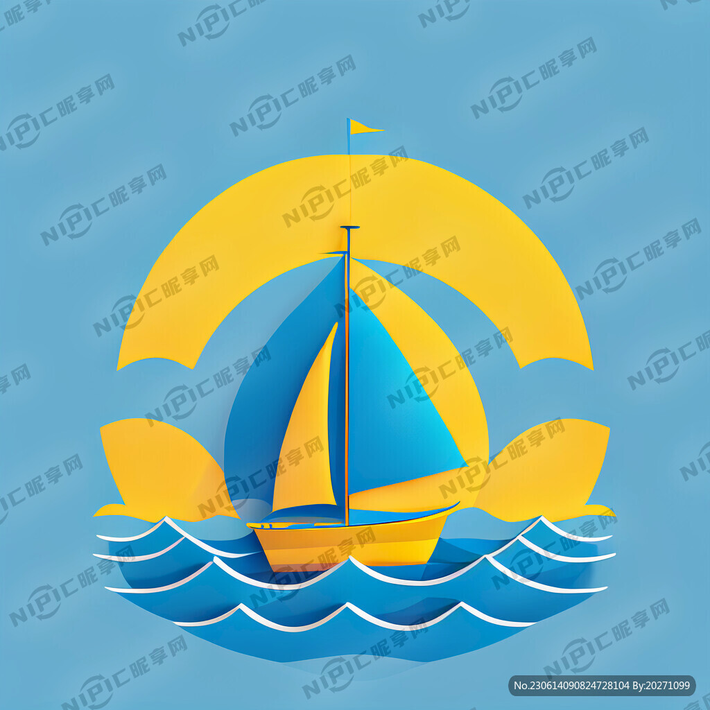 黄色的灯塔蓝色的帆船和蓝色的海