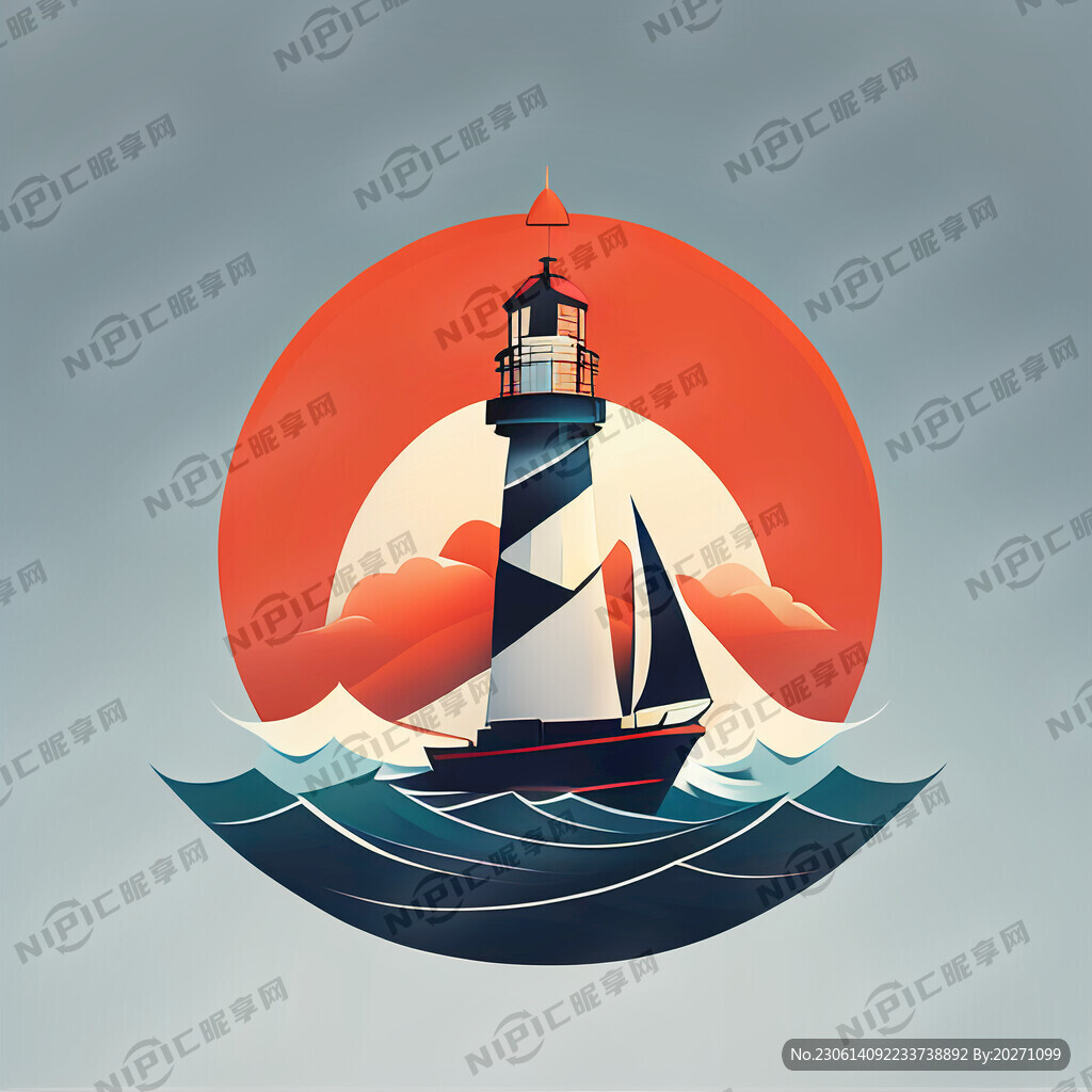 灯塔帆船海浪简约标志
