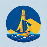 黄色灯塔蓝色帆船蓝色海浪简约标志