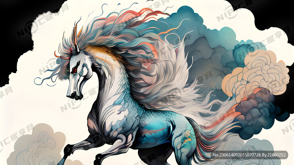 国潮风格麒麟脚踩七彩祥云