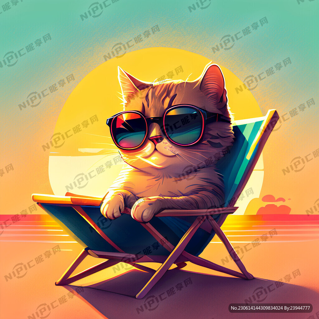 海报有一只带墨镜猫咪坐在躺椅上