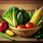 新鲜蔬菜水果西瓜番茄玉米生菜香葱木篮背景图