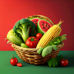 新鲜蔬菜水果西瓜番茄玉米生菜香葱篮子背景图