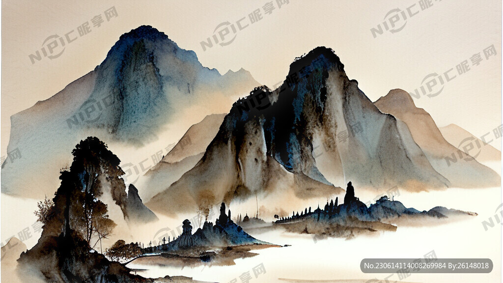 背景为中式山水 浅褐色