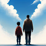 父亲和儿子的背影，蓝色天空，