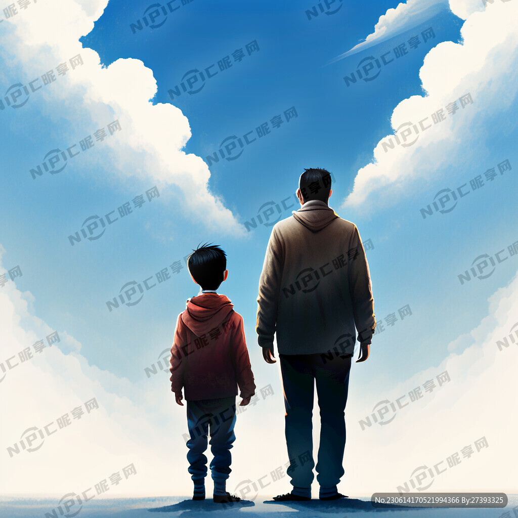 父亲和儿子的背影 蓝色天空
