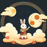 手举月饼的兔子，站在中秋节祥云边框上