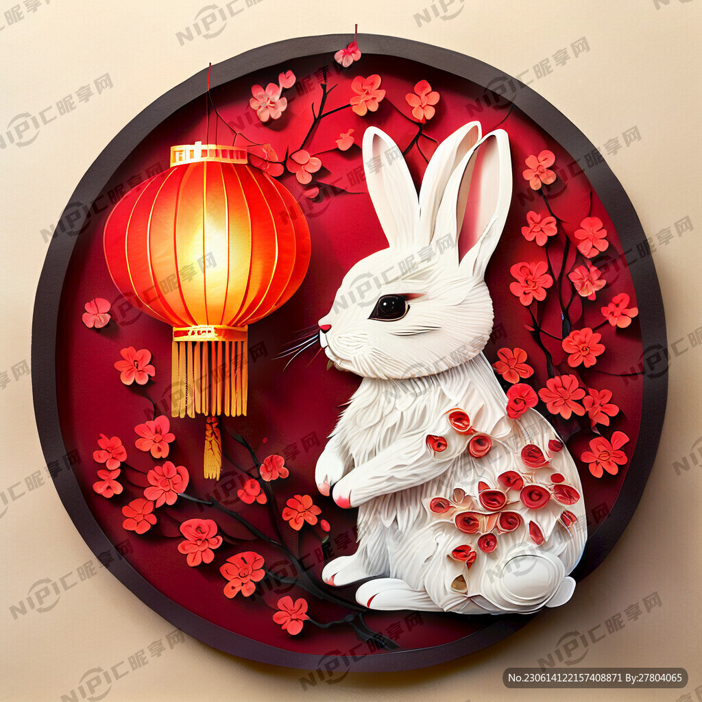 衍纸艺术 春节 可爱兔子 红梅