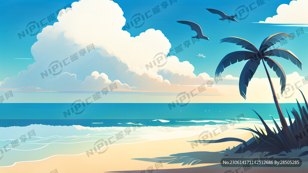 蓝天白云 沙滩海景 海鸥 椰树