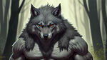 肌肉灰色毛皮的狼人在森林