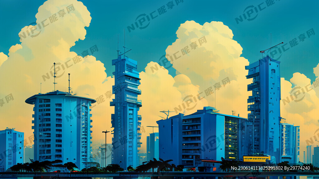 海南城市蓝色赛博朋克