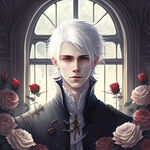 银色头发，年轻男性，宫廷，邪魅，落地窗，玫瑰花，悠悠月光的氛围感