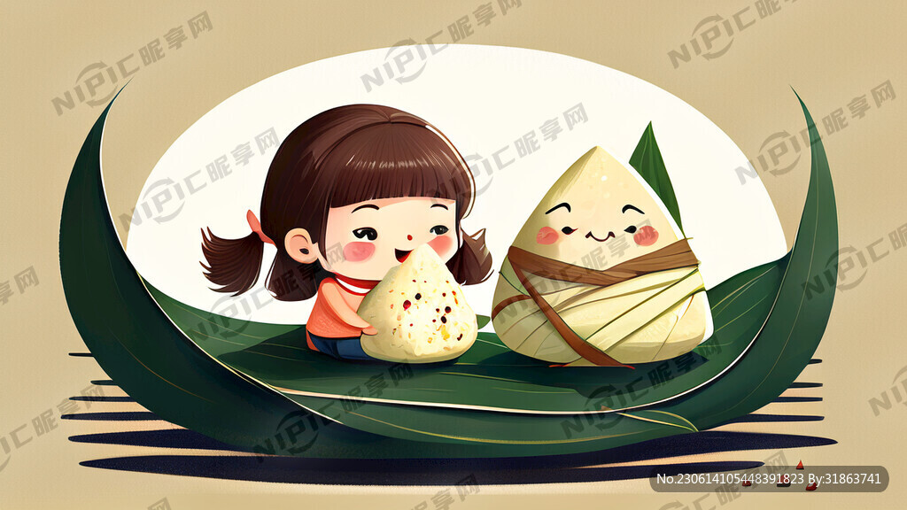 端午节海报可爱女孩插画卡通粽子
