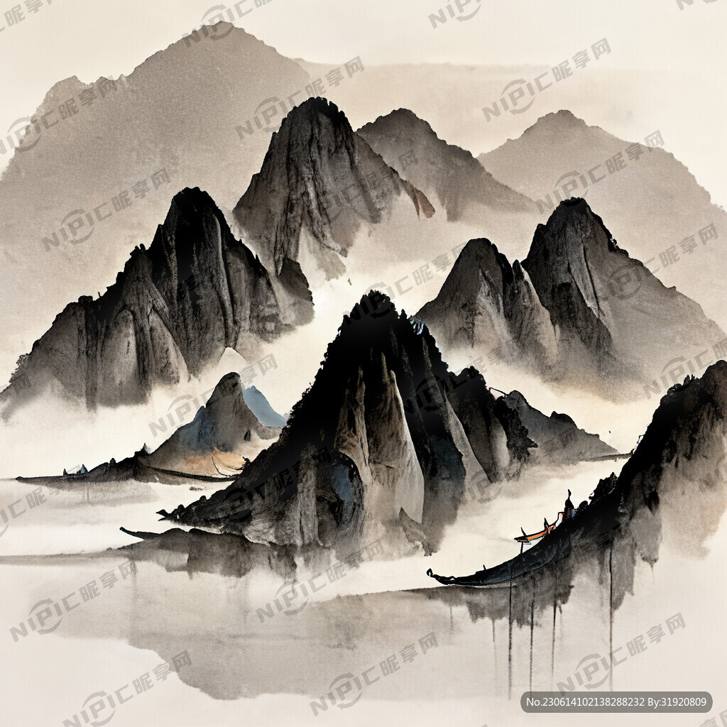 写意山水画 国画 水墨 河流