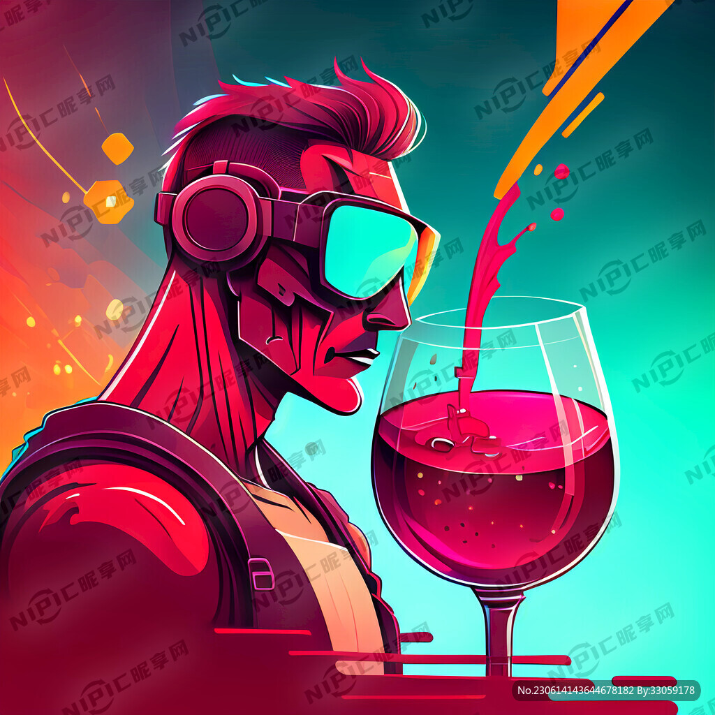 炫酷 卡通 红酒 炫彩插画