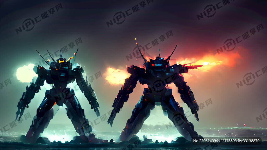 两个机甲对战 黑夜 海上 机甲