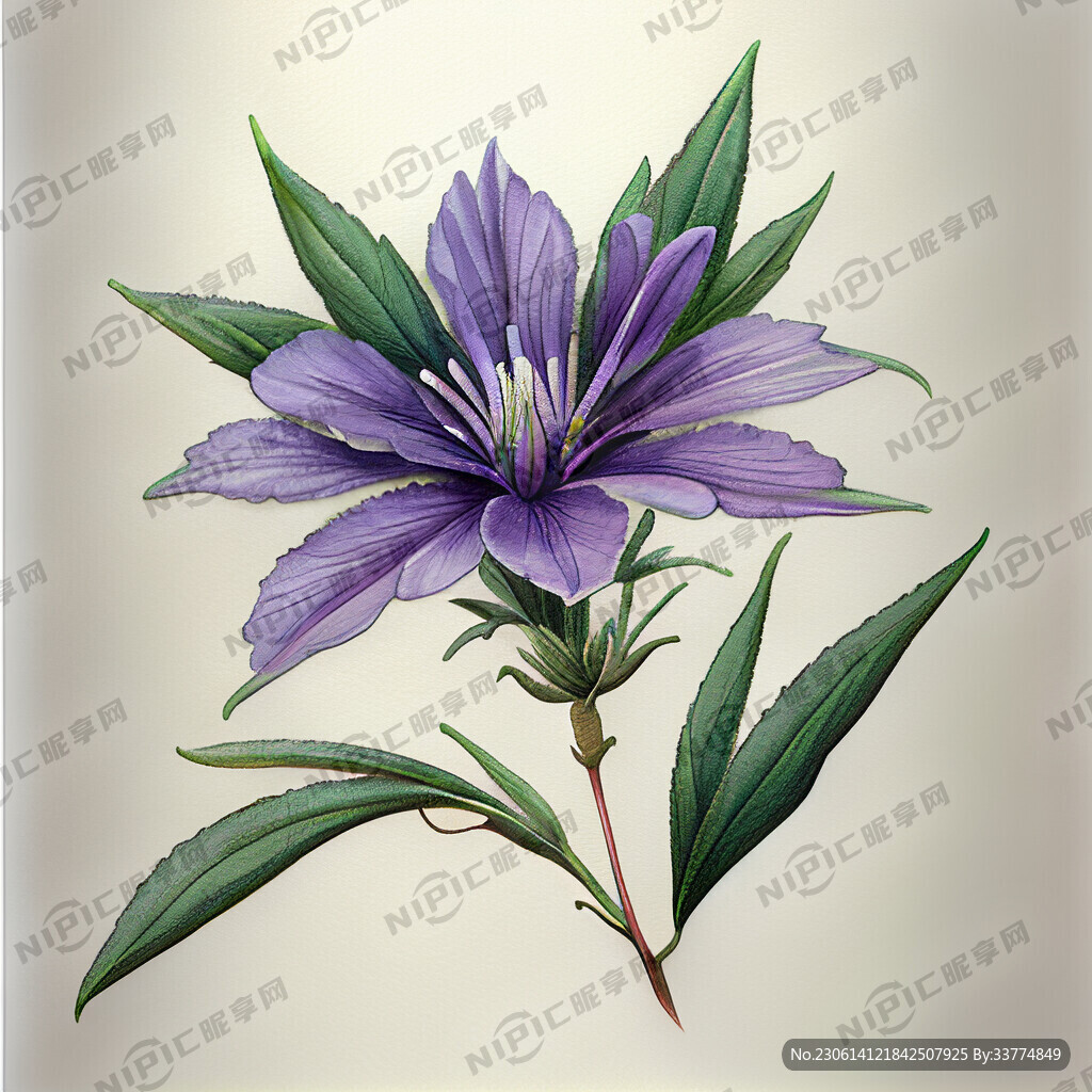 手绘亚麻花 紫色花瓣 绿色枝条
