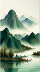 端午海报，龙舟载着粽子在水面上，绿色山水背景，国画风