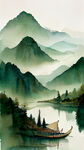 端午海报，龙舟，粽子，湖水，绿色山水背景