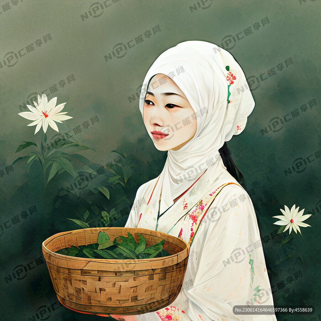 提着竹篮 头戴白色头巾