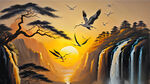 飞翔的仙鹤，迎客松，油画，米黄色背景，日落，瀑布。