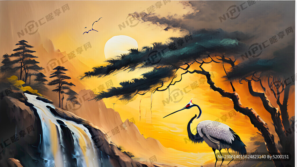 仙鹤 迎客松 油画 米黄色背景