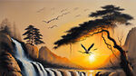 仙鹤，迎客松，油画，米黄色背景，日落，瀑布。