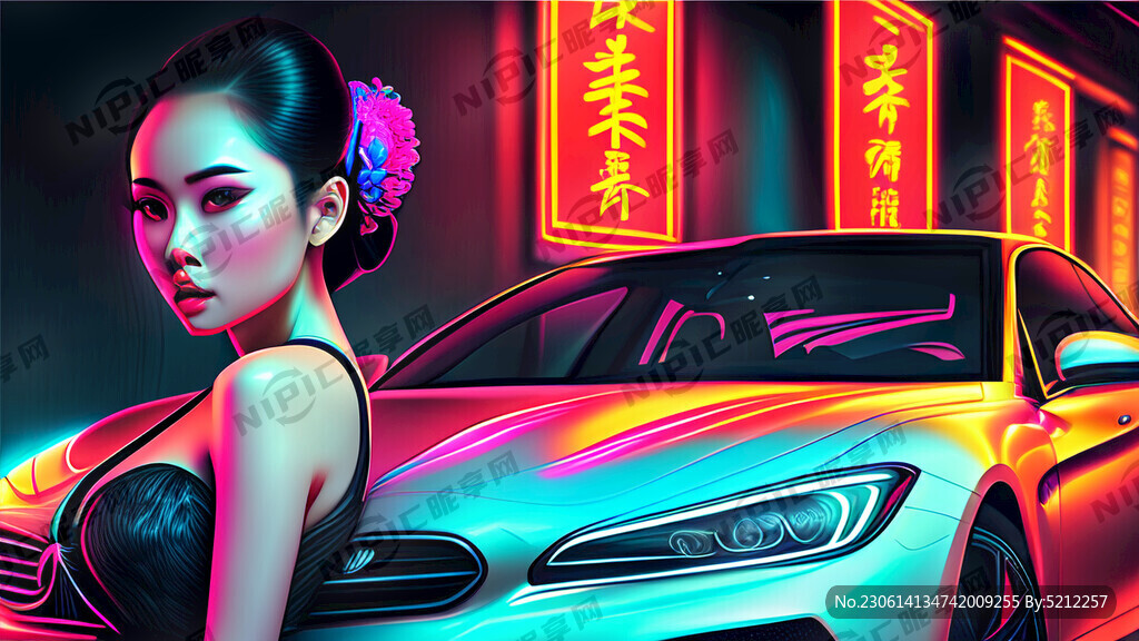 豪车 霓虹效果 美女 超现实